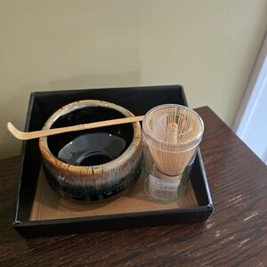 Ceramic Matcha Bowl Set with Bamboo Whisk and Scoop - Green Brown